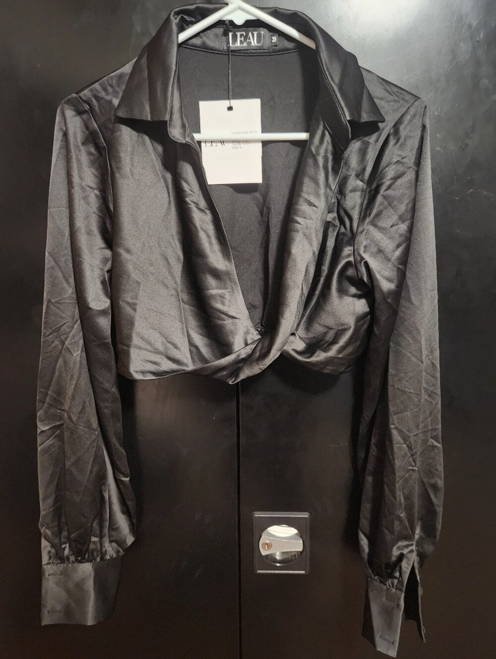 LEAU Black Satin Cropped Twist-Front Blouse Shirt